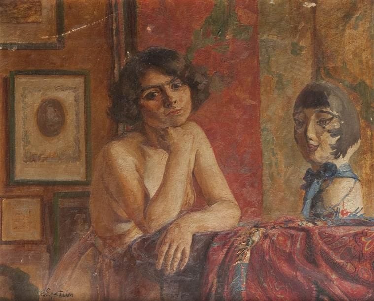 Ecole Moderne
Femme à la marotte Huile sur toile. Signée en bas à gauche. (Griffures et petits manques). 49 x 59 cm
