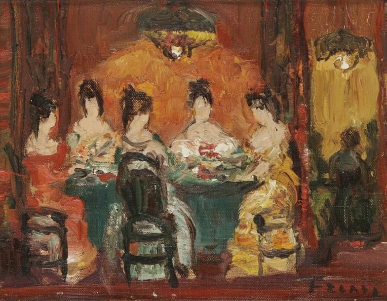 Isaac FRENKEL DIT FRENEL (1899-1981)
Femmes autour de la table Huile sur toile. Signée en bas à droite. Signée au dos sur le châssis. 19 x 24 cm