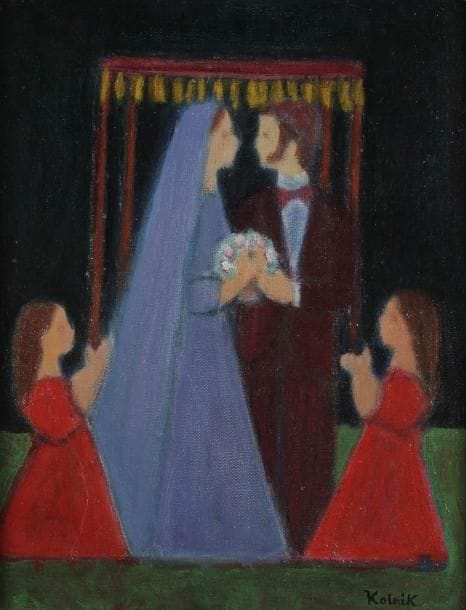 Arthur KOLNIK (1890-1972)
La Mariage juif Huile sur carton toilé. Signée en bas à droite. 35 x 27 cm