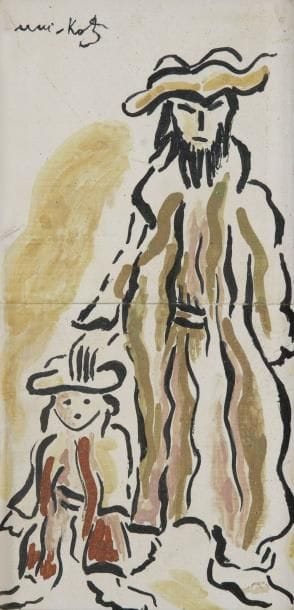 MANE-KATZ (1884-1962)
Jeune Juif et son fils Carreaux en céramique émaillée. Signés en haut à gauche. 30,5 x 15 cm