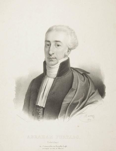 Antoine MAURIN (1793-1860)
Portrait d'Abraham Furtado, Paris, 1834. Lithographie d'après la peinture à l'huile (collection MAHJ), porte un tampon sec de collection ancienne. 33 x 26 cm