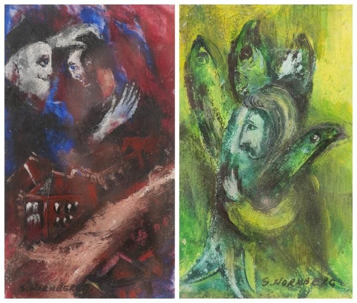 Simcha NORNBERG (né en 1918)
Homme aux poissons - La Discussion 2 huiles sur carton. Signées. 16 x 10 chaque