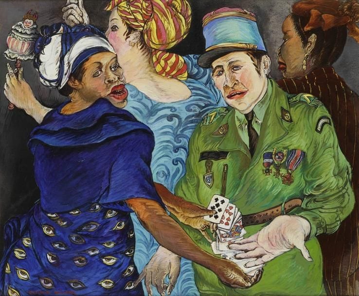 MORENO PINCAS (né en 1936)
La Cartomancienne Huile sur toile. Signée en bas à gauche. 54,5 x 65,5 cm
