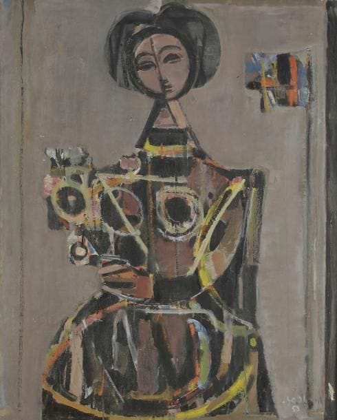 Yaacov WEXLER (1912-1995)
Femme au bouquet, 1953 Huile sur toile. Signée et datée en bas à droite. Signée au dos. (Accidents). 100,5 x 81 cm