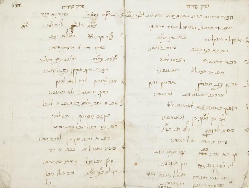 [MANUSCRIT] Perek Shira. Florence, 1699. Manuscrit en hébreu sur papier en écriture cursive à l'exception de la page de titre. In-16, 30 pp. dont la seconde et la dernière sont vierges. Selon la pagination, il manquerait le feuillet n° 15. Marges courtes, quelques caractères entamés. Reliure demi-cuir moderne. Le lieu et la date sont indiqués par la page de titre et la date est donnée à nouveau par le colophon