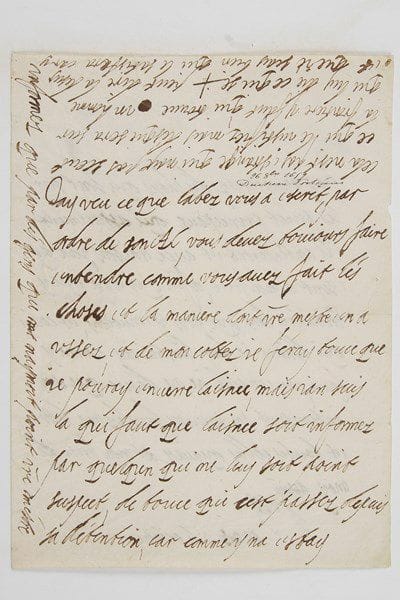 MARGUERITE DE LORRAINE, duchesse d'ORLÉANS (1615-1672) fille du duc François II de Lorraine, elle fut la seconde épouse (1632) de Gaston d'Orléans, Monsieur, frère de Louis XIII.Lettre autographe signée de son monogramme, 26 octobre [1659], à son frère Nicolas-François duc de Lorraine; 2 pages in-4, adresse avec traces de cachets de cire rouge. Au sujet de la libération de leur frère aîné Charles IV duc de Lorraine, qui avait été prisonnier des Espagnols pendant cinq ans.Elle dit à son frère de continuer à agir comme il l'a déjà fait; «de mon cottez je feray tou ce que je pouray enverre laisnee, mais jan suis la qui faut que laisnee soit informez par quelqun qui ne luy soit point suspect, de touce qui cest passez depuis sa détention, car comme y na estay informez que par des gens qui naymoit point votre mestre cela nest pas estrange qui nayt pas sceut ce qui le justifiez, mais des qui sera sur la frontiere y faut qui trouve un homme qui luy die ce qui se peut dire la desus et que je scay bien qui le satisfera»... Elle ne désire que son intérêt et le servir. Elle demande de brûler cette lettre «et toutes celles quavez et mon frere de moy»...Librairie Les Autographes, 1998.