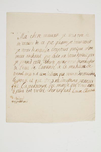 LOUISE-ÉLISABETH DE FRANCE, duchesse de PARME (1727-1759) fille aînée de Louis XV, épouse (1739) de l'Infant d'Espagne Philippe de Bourbon, duc de Parme (1720-1765).Lettre autographe signée «Louise Elisabeth», Madrid 4 juillet 1740, à sa mère Marie Leszczynska; 1 page in-4.Elle demande à sa «chere maman [...] de l'eau de lavande de la Madeleine de Trenel mais a condition que vous m'en manderez le prix et que vous ne doutterez jamais que le personne du monde qui vous aime le plus est votre cher enfant»...