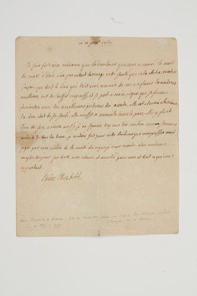 LOUISE-ÉLISABETH DE FRANCE, duchesse de PARME (1727-1759) fille aînée de Louis XV, épouse (1739) de l'Infant d'Espagne Philippe de Bourbon, duc de Parme (1720-1765).Lettre autographe signée «Louise Elisabeth», [Parme] 10 janvier 1754, à une dame; 3/4 page petit in-4 (fentes aux plis réparées). Lettre de condoléances après la mort de Madame d'Uzès... «Mr de Crussol engraisse et se porte a ravir, j'espere que sa femme deviendra une des meilleures poitrines du monde, elle est étonnée elle-même du bon état de sa santé, elle reussit a merveille dans le païs, elle y fait bien de son mieux aussi»...Ancienne collection Marcel Plantevignes (Versailles, 8 mars 1977, n° 66).