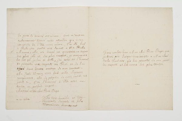 Alexandrine LE NORMANT d'Étiolles (1744-1754) fille du financier Le Normant d'Étiolles et de la future marquise de Pompadour, elle mourut à neuf ans.Lettre autographe signée «Alexandrine Lenormant», 31 décembre [1753?], à son père Charles-Guillaume Le Normant d'Étiolles; 2 pages et quart in-4.Très rare et charmante lettre de la fille de la marquise de Pompadour, morte à neuf ans.«Que dire a un cher bon Papa dans un renouvellement d'année que je ne lui puisse dire dans tous les jours qui la composent [...]. Ce sera donc pour prier ce cher Bon Papa de conserver à son Alexandrine cette tendresse dont il lui a donné tant de preuve et pour l'assurer qu'elle ne se console de son absence que par la part qu'elle se flatte d'avoir dans son coeur, et dans son souvenir. Je n'ai point été fâché Mon cher Bon Papa, que vous m'aïez épargné la peine de recevoir vos adieux; vous m'eussiez certainement trouvé aussi attendrie que vous craigniez de l'être vous même; j'ai été hier à Belle Vüe rendre mes devoirs a ma Belle Maman [la Pompadour], elle m'a donné un necessaire en argent des plus joli et des plus complet, je vous envoïe les vers que je lui ai recité, j'ai aussi eü l'honneur de presenter mes respects au Roi et de lui offrir deux bourses ouvrages de mon couvent»...Vente 15 décembre 2009 (n° 543).