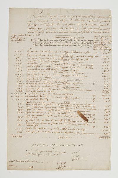 Jeanne Bécu, comtesse DU BARRY (1743-1793) la dernière favorite de Louis XV; elle mourut guillotinée. Mémoire (autographe?) du peintre François DROUAIS (1727-1775), annoté et signé par «La Comtesse du Barry» avec 11 lignes autographes, [1768-1774]; 1 page et quart in-fol. Précieux mémoire des nombreux portraits de la Du Barry par Drouais, et des peintures faites pour elle et sa maison de Louveciennes.Memoire abrégé des ouvrages de peinture commandés par Madame La Comtesse Du Barry à Droüais, peintre du Roy, P[remi]er Peintre de Monsieur, et à sa femme, pareil à ceux que Madame La Comtesse a entre les mains; avec les plus grandes diminutions possible. Commencés en 1768. Ce mémoire comprend 28 entrées, classées de 1768 à 1774, avec les prix respectifs. Les prix sont fixés «selon la plus grande diminution»; d'autres, marqués par une croix, «sortent de la règle» et «sont pour les ouvrages faits a Versailles, Compiègne et Fontainebleau». 1768. «Le portrait de Madame la Comtesse Du Barry, en Flore».1769. «Le second portrait de Madame la Comtesse, en habit de chasse»; copie du portrait en Flore; «un tableau d'un petit garçon tenant une pomme».1770. «Le troisième portrait de Madame la Comtesse, dans sa première jeunesse»; «quatre dessus de portes de Mr Fragonard, achetés au Sr Droüais», et réparations; «un portrait de Madame la Comtesse» pour M. Beaujon; «deux dessus de portes pour l'ancien pavillon de Louvecienne»; «le portrait de Mirza»; «le portrait de Mlle Luxembourg couronnant Mirza».1771. «Le portrait de Madame la Comtesse en migniature»; «le portrait de Mlle Betzi, jouant avec un chat»; «une copie du portrait du Roy en migniature»; «quatre dessus de portes, pour le pavillon neuf de Louveciennes»; «le portrait en pieds de Madame la Comtesse».1773. «Le portrait de Madame la Comtesse, en Flore»; «le portrait du Roy».1774. «Copie du portrait en Flore retouché d'après nature» pour le maréchal de Soubise («les prix de ces copies ont été fixées à 600ll»), et d'autres copies