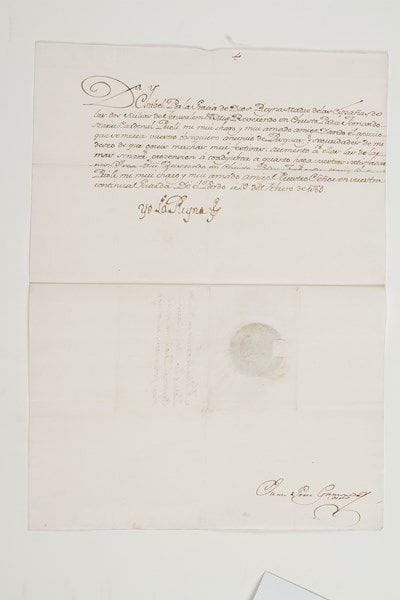 ISABELLA FARNESE (1692-1766)
Reine d'Espagne; fille d'Edoardo Farnese duc de Parme, seconde épouse (1714) de Philippe V d'Espagne (1683-1746).Lettre signée «Yo la Reyna» (griffe), El Pardo 29 février 1760, au cardinal Priuli; demi-page grand in-fol., adresse avec sceau aux armes sous papier; en espagnol.Elle le remercie de ses voeux et lui adresse les siens.