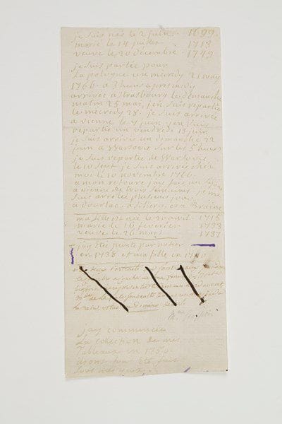 Marie-Thérèse Rodet, Madame GEOFFRIN (1699-1777) femme de lettres et amie des philosophes, elle eut un des salons les plus célèbres de son époque.Note autographe, [vers 1766]; 1 page in-8 (encre un peu pâle).Notice autobiographique, sur 30 lignes. Mme Geoffrin a inscrit les dates de sa naissance (2 juin 1699), de son mariage (14 juillet 1713), celle de la mort de son mari (20 décembre 1749)... Une grande partie du document est consacrée à son voyage en Pologne, à la cour de Stanislas Poniatowski: partie le 21 mai 1766, elle était de retour le 10 novembre après s'être arrêtée, à l'aller et au retour, à Vienne. Après trois lignes à propos de sa fille, la marquise de La Ferté-Imbault, elle note: «J'ay etée peinte par Nattier en 1738 et ma fille en 1740 [...]. J'ay commencee la collection de mes tableaux en 1750, ils ont tous été faits sous mes yeux»... Quelques lignes biffées, écrites par une autre main, probablement celle du marquis d'Estampes, cousin de Mme de La Ferté-Imbault, précisent: «Ces deux portraits qui sont beaux sont dans la chambre à coucher de ma femme. Mme de la Ferté Imbault tenant un masque à la main, vetue d'un domino de bal».Librairie de l'Abbaye, 1959.