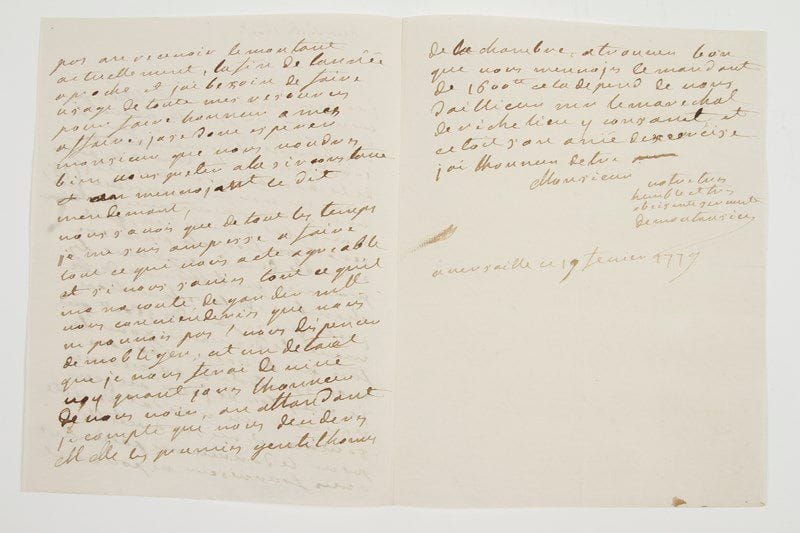 Marguerite Brunet, dite Mademoiselle MONTANSIER (1730-1820) comédienne, et directrice de théâtre à Versailles puis au Palais-Royal.Lettre autographe signée «De Montansier», Versailles 19 février 1779; 2 pages et demie petit in-4.Réclamation pour un paiement qu'on lui a diminué: elle a reçu le mandement  de 1000 livres. Il était pourtant convenu avec le maréchal de Richelieu qu'ils examineraient à l'assemblée des Premiers Gentilshommes de la Chambre sa réclamation «des 1600ll qui mont été diminué pour les fois que la roine [Marie-Antoinette] a honoré mon spectacle de sa presence»... Elle comptait sur cette somme et en a grand besoin. Elle a toujours tout fait pour obliger son correspondant et le lui rappelle: «si vous saviez ce quil m'a couté de garder Mlle... vous conviendriez que vous ne pouvais pas vous dispenser de mobliger»... Elle compte sur lui pour décider MM. les Gentilshommes de la Chambre de lui verser ces 1600 livres, auxquels d'ailleurs le maréchal de Richelieu consent...