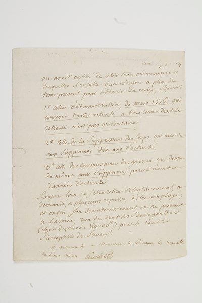 ÉLISABETH DE FRANCE, dite MADAME ÉLISABETH (1761-1794) fille du Dauphin Louis, petite-fille de Louis XV, et soeur de Louis XVI; emprisonnée au Temple avec la famille royale, elle fut guillotinée.Pièce avec apostille autographe signée «Elisabeth», [1786?]; 1 page in-4 numérotée 2 (portrait joint).Rare. Note citant trois ordonnances, «desquelles il resulte que Laujon a plus du tems prescrit pour obtenir la croix», avant de conclure: «Laujon loin de s'etre retiré volontairement, a demandé, a plusieurs reprises, d'etre employé; et enfin son désinteressement en ne prenant a l'armée, rien du droit des sauvegardes (objet de plus de 80000ll) peut le rendre susceptible de faveur».Madame Élisabeth appuie la requête auprès du ministre de la Guerre, le lieutenant-général Loménie, comte de Brienne: «Je recommande à Monsieur de Brienne la demande du sieur Laujon Elisabeth».Bulletin Charavay 1854 (n° 4583), recensé par Gaston Dufresne de Beaucourt, Étude sur Madame Élisabeth (Paris, 1864, p. 46, n° 4).