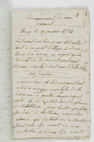 Henriette BLANCHEUR (1797-après 1879) jeune fille de Nancy.Manuscrit autographe, Journal de Melle Henriette B. Nancy 2 janvier 1814; carnet in-8 de 71 pages, broché.Très intéressant journal d'une jeune fille de Nancy sur les événements de 1814 et 1815. Henriette Blancheur, née en 1797, relate les événements qui eurent lieu à Nancy entre 12 janvier et le 8 juin 1814, puis entre le 10 mars et le 30 août 1815. Son journal débute avec le passage des troupes russes et prussiennes, l'entrée des cosaques à Nancy, «presque tous grands mais mal faits [...] habillés de peau de bêtes féroces [...] les Russes sont très méchants et nous ont fait bien du mal». Après avoir craint de voir sa maison être la proie des flammes, la jeune fille plaint les pauvres Russes «toujours battus» et qui sont des hommes comme les autres... «On dit que les plaines de Chalon sont couvertes de morts» (1er mars). Elle voudrait voir le retour des anciens ducs de Lorraine. Le 19 mars, le comte d'Artois [futur Charles X] est arrivé à Nancy: «c'est un homme de 55 ans qui a l'air bien affable [...] je l'ai vu dans la rue St Didier cela m'a fait bien du plaisir». Les nouvelles de la guerre entre Alliés et Français sont contradictoires, mais la ville est toujours pleine de soldats. Elle a de nouveau croisé le comte d'Artois à qui elle a voulu faire une révérence, «mais j'étois trop seisie je n'ai pas pu plier les jambes. Quand on pense que son bon frère a été guilliotiné pour avoir été trop bon! Les monstres de parisiens. Je crois que si j'avois été au monde dans ce temps là je me serois fait guilliotinée avec lui» (31 mars)....«On ne peut pas refuser de dire que Napoléon est le plus grand capitaine du monde car il a soutenu la guerre pendant trois mois contre toute l'Europpe mais il etoit trop ambitieux et son ambition l'a perdu. Il est malheureux maintenant et l'on est plus si coupable quand on est malheureux». Le 10 avril, elle apprend la chute de Napoléon envoyé dans l'île d'Elbe. Les Prussiens vont qui