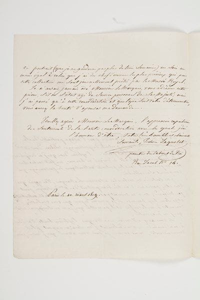 Victoire JAQUOTOT (1772-1855) peintre sur porcelaine.Lettre autographe signée «Victoire Jaquotot peintre du Cabinet du Roi», Paris 10 mars 1819, à un marquis; 2 pages in-4. «Le Roi m'a chargé de peindre pour l'usage particulier de Sa Majesté, une collection de portraits de personnages célèbres dont Mme la marquise de Sévigné fait partie. [...] j'ai appris que vous étiez possesseur d'un très beau portrait de Mme de Sévigné peint par Mignard; on n'en connoît pas qui offre une semblable authenticité et je serois trop heureuse si je pouvois esperer que vous voulussiez consentir à me le confier et à permettre que je m'en servisse pour celui que j'ai à exécuter». Elle en prendra un soin au moins égal à celui qu'elle a des chefs-d'oeuvre prêtés par le Musée royal...On joint un billet autographe, signé en tête, 12 mars 1821, à M. Laumont.Librairie Les Autographes, 2003.