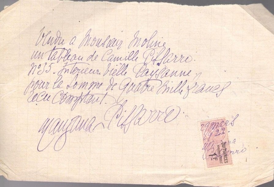 Georges Henri Pissarro, dit Georges MANZANA-PISSARRO. L.A.S. et 3 P.A.S., Paris 1922-1928, au galeriste Lucien Moline; 1 page in-8, et 3 pages oblong in-8 avec timbres fiscaux.{CR}Reçus pour la vente d’œuvres de son père en 1922. 9 février 1922. «Vendu à M. Moline un petit tableau de Camille Pissarro n°230 de l’inventaire Vue de ma fenêtre mille six cents francs»... 1er mars «quatre aquarelles de Camille Pissarro pour quatre mille francs»... 29 mars, le tableau «n°35 Intérieur Vieille paysanne, pour la somme de quatre mille francs»...
3 janvier 1928. Il ne l’a pas convoqué chez lui car ses œuvres sont encore chez M. Mercier à l’exposition, où «il vous aurait été bien plus facile de les voir que chez moi dans mon atelier, sans feu ni lumière!» Il lui envoie ses vœux de nouvel an en lui souhaitant «des tas d’or!»... 
