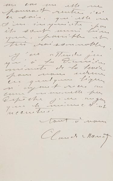 Claude MONET (1840-1926). L.A.S., Vétheuil jeudi soir [9 décembre 1880], à Ernest Hoschedé; 2 pages in-8. {CR}Il s’inquiète de l’état de santé de la mère d’Hoschedé et espère «comme vous l’annoncez dans votre seconde lettre que l’état de votre mère s’est amélioré et qu’en ce moment elle est hors de danger, puissent mes vœux se réaliser. Madame Hoschedé m’a fait promettre de lui envoyer des nouvelles des enfants au cas où elle ne pourrait rentrer ici ce soir; qu’elle ne s’en inquiète pas, ils sont aussi bien que possible et très raisonnables. J’ai attendu jusqu’à la dernière minute de la levée pour vous adresser ces quelques lignes»…
