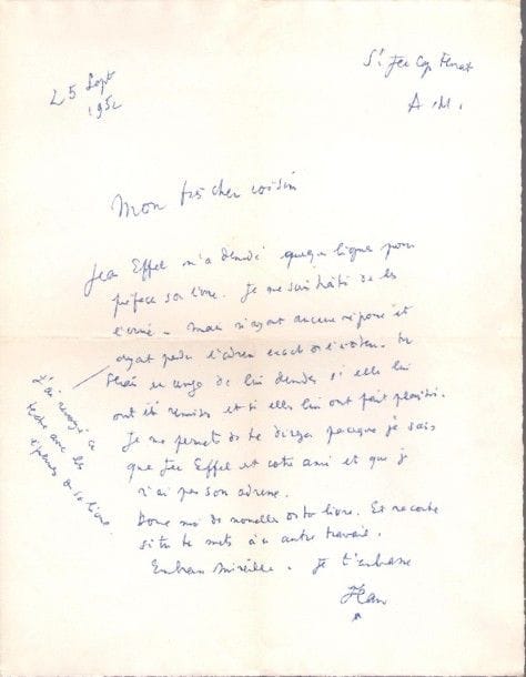 Jean cocteau. 2 L.A.S. «Jean», Saint-Jean-Cap-Ferrat 1952-1953, [à Emmanuel Berl]; 1 page et demie in-4.{CR}25 septembre 1952. «Jean Effel m’a demandé quelques lignes pour préfacer son livre [La Création de l’Homme]. Je me suis hâté de les écrire. Mais n’ayant aucune réponse et ayant perdu l’adresse exacte de l’éditeur, tu serais un ange de lui demander si elles lui ont été remises et si elles lui ont fait plaisir. [...]. Donne-moi des nouvelles de ton livre. Et raconte si tu te mets à un autre travail»... 18 février 1953. «Ne t’en fais pas. Les ouvriers jouent le rôle des siècles. Je referai ce qui manque. C’est une vengeance des dieux à cause de ton article sur le couple. (Ta phrase exquise sur le Bain Turc)»...
