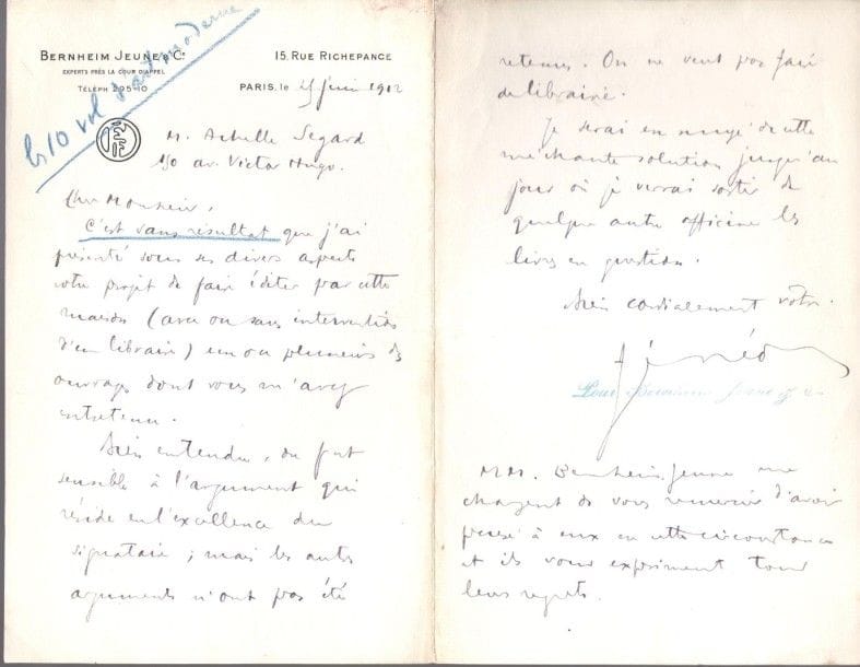 Félix FÉNÉON (1861-1944) écrivain et critique d’art. 3 L.A.S., Paris 1897-1912, à Achille Segard; 1 page in-8 à en-tête La Revue blanche (bas froissé et sali), et 4 pages in-8 à en-tête Bernheim jeune & Cie.{CR}26 février 1897. Il renvoie un manuscrit soumis à La Revue blanche: «Ce poème Remember nous plaît beaucoup; mais [...] nous ne parvenons jamais à publier de vers, des articles d’actualité accaparant cette revue de si peu de pages»... 17 février 1911. Les exigences de calibrage demandent de réduire la préface de Segard pour le catalogue de Ménard, préface qui l’a «émerveillé par sa justice, sa couleur et son mouvement»... 25 février 1912. La maison Bernheim jeune n’a pas retenu son projet d’édition, malgré «l’excellence du signataire»: «On ne veut pas faire de librairie»...
