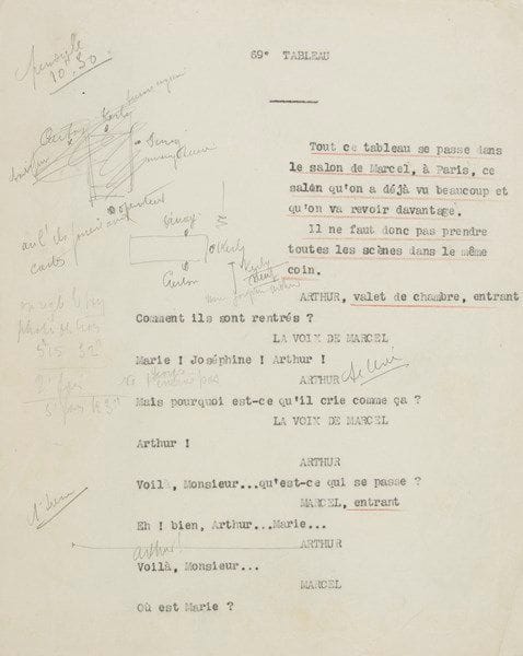 Sacha GUITRY (1885-1957). Le Blanc et le Noir, film parlant, [1930]. Tapuscrit annoté et corrigé (la fin manque); 135 ff. in-4.{CR}Intéressant tapuscrit de travail du premier film parlant de Sacha Guitry, réalisé par Robert Florey (et l’assistance de Marc Allégret), sur un scénario et des dialogues de Sacha Guitry d’après la pièce créée le 9 novembre 1922 aux Variétés par Raimu, qui tient dans le film le rôle principal, aux côtés de Suzanne Dantès, Irène Wells, Pauline Carton, Monette Dinay, Charlotte Clasis, Alerme, Pauley, Baron fils, Charles Lamy, Louis Kerly, et Fernandel (dont c’est le premier film). Le film sortira sur les écrans en mai 1931.
Le scénario est soigneusement établi par le secrétariat de Sacha Guitry, avec le découpage en tableaux (chacun paginé séparément), et les plans et didascalies sur la partie droite de la page et soulignés au crayon rouge. Il s’interrompt après le 82e tableau et l’exclamation de Marcel (Raimu): «Oh!... Nom de Dieu. C’est un nègre!...» À partir du 17e tableau, de nombreuses annotations ont été portées sur le tapuscrit par Georges Lemaire, le fidèle assistant et régisseur de Guitry: indications de mise en scène, des mouvements des personnages, des plans et mouvements de caméra, nombre et minutage de prises sur quelques tableaux, etc.; plusieurs passages des dialogues ont été biffés ou corrigés.
Ancienne collection André Bernard (partie du 363).
Reproduction page précédente