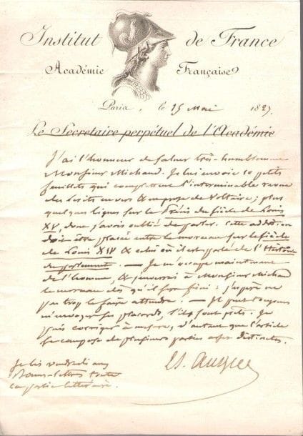 LITTÉRATURE. 55 lettres ou pièces, la plupart L.A.S.{CR}45 L.A.S., 1840-1866, adressées à l’éditeur Casimir Gide ou à son collaborateur Jules Baudry: Louis Barbier (Bibliothèque du Louvre), Charles Baudin (au sujet de Dumont d’Urville), Jules Bergeret, S. Berthelot, Samuel-Henry Berthoud, F. de Castelnau, J. Decaisne, A. Du Petit-Thouars, Louis Élie de Beaumont, Prosper Enfantin, Paul Foucher, comte Jaubert, Stanislas Julien, A. de Kontski, Léon de Laborde, Ch. Laboulaye, E. Lassalle, Xavier Marmier, H. Rolle, Amable Tastu, P. de Tchichatchef (6), M. de Vogüé, etc. Plus qqs documents joints.
   Jean-Charles-Dominique Lacretelle jeune: L.A.S., [19 janvier 1835], au comte de Ségur, le félicitant pour son Histoire de Charles VIII. Alphonse de Lamartine: L.A.S. à Edmond de Cazalès (encadrée avec portrait lithographié). Désiré Nisard: 8 L.A.S., 1835-1857, à Aristide Guilbert et autres. Plus une copie contemporaine de «Vers de M. de Voltaire au cardinal Querini qui lui demandoit absolument une ode sur l’Église catholique de Berlin à laquelle il a fait des présens»…
