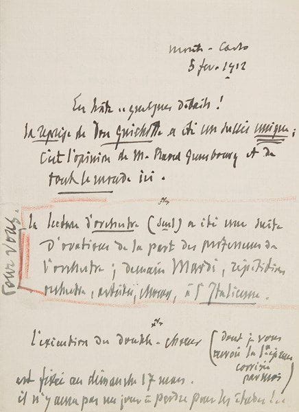 Jules MASSENET (1842-1912). 8 L.A.S. et 2 L.A., 1893-1912 et s.d., à son éditeur Henri Heugel; 15 pages la plupart in-8.{CR}31 août 1897, à propos de Sapho, avec la copie de sa lettre à Carvalho, qui «prouvera à Henri Cain et à notre directeur mon désir instant de travailler selon la date convenue»... Égreville 20 septembre 1899: «Quelle joie pour moi... vous revoir demain! [...] Je viendrai tard au Ménestrel parce que je vous sais occupé par le journal de Jeudi»... Nice mardi [24 janvier 1903], au dos d’une lettre relatant la création niçoise du Jongleur de Notre-Dame: «J’ai été souffrant hier soir!! Quelle désolation de n’avoir pu être présent»... Monte-Carlo 5 février 1912: «La reprise de Don Quichotte  a été un succès unique […] La lecture d’orchestre (seul) a été une suite d’ovations de la part des professeurs de l’orchestre; demain Mardi, répétition orchestre, artistes, chœurs, à l’Italienne»... Grand succès de Thaïs au Caire; détail de la distribution de Don César à Trianon... «Les soirées de Manon à l’Opéra Comique ont toutes données des maximum et la matinée (prix réduits) de Werther “a été de près de 7000” alors que le maximum est de 4.000»... Mardi 13 octobre, au sujet de son travail sur des maquettes, avant la première reculée au 23... – Il voudrait obtenir de Catulle Mendès le motif de la Chanson des Rameurs... – Il prie Heugel d’intervenir auprès de Sonzogno pour lui faire comprendre la situation: «Je suis meurtri… il y a des complications (habituelles) après la crise (néphrétique). Je n’aimerais pas que les journaux italiens donnent ces détails – naturellement ils doivent dire et diront que je suis malade et empêché de venir [...] M. Sonzogno et Henri Cain pensent donc que Dupont ne méritant pas le prix, ma seule présence aurait fait voter contre les autres! C’est ce que je crois comprendre»...
On joint une lettre (incomplète) d’Henri Cain à propos de rectifications à un programme (avec note de Massenet), un télégramme de Raoul Gunsbourg, directe