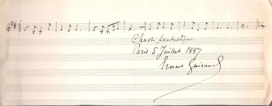 musique. 14 L.A.S. ou P.A.S., XIXe siècle. {CR}Von Falkenstein (à Felix Mendelssohn-Bartholdy), Ernest Guiraud (citation musicale de la Chasse fantastique), Stephen Heller (2l. à son élève Hélène Clado, et une photo dédicacée), Henri Herz, Jozef Hofmann (citation musicale, 1887), Alexandre Malibran, Hans Richter, Camille Saint-Saëns, Pablo de Sarasate, Sigismund Thalberg, Ambroise Thomas (2).
