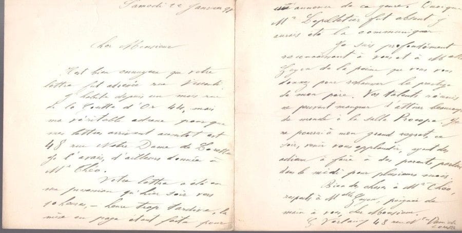 Georges VERLAINE (1871-1926) fils du poète. 2 L.A.S., 1898 et s.d., à Achille Segard; 2 pages in-12, et 1 page in-12 sur papier rose à en-tête de La Plume (un peu froissée). {CR}22 janvier 1898, au sujet d’une séance littéraire au Café Procope. Il n’a reçu sa lettre que la veille, habitant maintenant rue de la Goutte d’or, à une «heure trop tardive, la mise en page étant faite pour une annonce de ce genre. […] Je suis profondément reconnaissant à vous et à Mlle Guyon de la peine que vous vous donnez pour rehausser le prestige de mon père. Vos talents réunis ne peuvent manquer d’attirer beaucoup de monde à la salle Procope». Il ne pourra malheureusement venir les applaudir… – «Ne craignez rien. Toute personne ayant eu de ma main le 1er volume, aura le second, et ainsi jusqu’au dernier. Ne pouvant tout prendre à la fois, veuillez avoir un peu de patience»…

