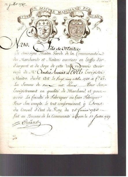 ancien régime. 25 lettres ou pièces, XVIIe-début XVIIIe siècle.{CR}Lettres de ratification; certificats d’assiduité pour des étudiants de médecine; reconnaissances par les «Maîtres-Gardes de la Communauté des Marchands & des Maîtres Ouvriers fabricans en étoffes d’or, d’argent & de soie» de Lyon (1747, 1786); extraits d’interrogatoire du bailliage de Lons-le-Saunier et des registres du greffe; sommation et quittances fiscales; mandat de paiement; contrats; obligation, etc. Documents signés ou au nom du duc de Lesdiguières, Louis XIV (secrétaire), les chirurgiens Bosc et Mertrud, le Grand-Maître de Malte Nicolas Cotener, J.J. Avoine évêque de Versailles, etc.
