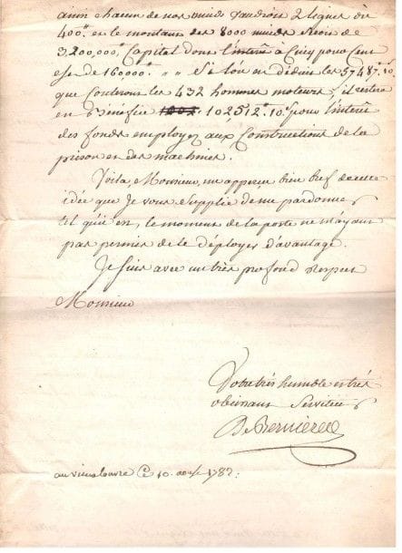 ancien régime. 6 lettres ou pièces, XVIIe-XVIIIe siècle. {CR}Bernières (1782, très intéressante lettre sur l’eau de la Seine, et l’utilis ation de prisonniers pour les travaux de l’alimentation de Paris en eau), M. de Botzheim (Kirchheim 1777), Charles-Gaspard Dodun (1723), M. Mengin, tabellion à Nancy (testament de François Guinet, 1668). Brevet de la capitainerie garde-coste de Soubise (1741), signé par Louis XV (secrétaire), Phelypeaux et le duc de Penthièvre. Manuscrit d’un Règlement pour monter la garde dans la Capitainerie de Soubise (1756).
