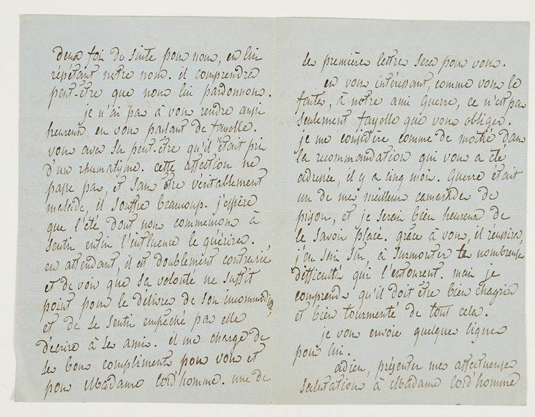 Armand BARBÈS (1809-1870) homme politique, ardent révolutionnaire. L.A.S., prison de Belle-Île 11 juillet 1854, au républicain Charles Cord’homme; 3 pages et quart in-8.{CR}Belle lettre de prison. Il demande à son correspondant des nouvelles de son jeune enfant: «Un charmant petit être comme lui ne laisse pas toujours son père faire ce qui lui plait. Il faut le caresser, répondre à ses sourires, essayer de le faire parler, et au milieu de ces occupations, l’heure du courrier arrive, sans que la lettre que l’on se proposait d’écrire à ses amis soit prête. La seule vengeance à en tirer, c’est de l’embrasser deux fois de suite pour nous»… Fayolle va mal, souffrant terriblement d’un mauvais rhumatisme qui l’empêche de tout faire et d’écrire à ses amis. Il le remercie de s’intéresser à leur ami Guerre, recommandé par Fayolle, mais qui était aussi «un de mes meilleurs camarades de prison, et je serais bien heureux de le savoir placé. Grâce à vous, il réussira, j’en suis sûr, à surmonter les nombreuses difficultés qui l’entourent»…
