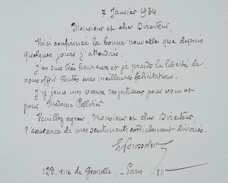 Pierre BROSSOLETTE (1903-1944) journaliste et homme politique; héros de la Résistance, il se suicida pour ne pas parler. L.A.S., Paris 7 janvier 1934, à un Directeur [M. Pelletier]; 1 page oblong in-12.{CR}Rare. «Voici confirmée la bonne nouvelle que depuis quelques jours j’attendais. J’en suis très heureux et je prends la liberté de vous offrir toutes mes meilleures félicitations. J’y joins mes vœux respectueux»...
