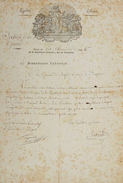 Lazare CARNOT (1753-1823) mathématicien et homme politique. L.S. «Carnot Président», Paris 6 thermidor IV (24 juillet 1796), au général de brigade Geney à Fougères; contresignée par le Secrétaire général Lagarde; 1 page in-fol., grande vignette et en-tête du Directoire Exécutif (rouss.).{CR}«Vous avez bien servi à l’Armée des Côtes de l’Océan, Citoyen Général, vos services ont été utiles à votre patrie, et les amis de la République vous doivent en partie la fin des horreurs auxquelles les habitants de l’Ouest étoient en proie. Tel est le rapport que fait de votre conduite le général Hoche; et le Directoire qu’elle a pleinement satisfait, s’empresse de la faire connaître publiquement, afin qu’elle reçoive des amis de la République le tribut de reconnaissance qu’elle mérite.»
On joint une L.S. de Gaudin, Représentant du peuple près l’Armée de l’Ouest (4 mars 1795); plus une L.A.S. du général Nicolas Changarnier (1872).
