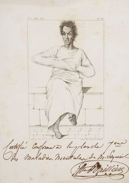 [Jean-Étienne-Dominique ESQUIROL (1772-1840) célèbre aliéniste]. 19 planches gravées par Ambroise Tardieu, avec 2 lignes autographes signées de l’éditeur Jean-Baptiste Baillière en bas de chacune, [1838]; in-8 (environ 23x16,3 cm chaque).{CR}Série de 19 des 27 planches de l’étude classique Des maladies mentales considérées sous les rapports médical, hygiénique et médico-légal (2 vol., Paris, J.-B. Baillière, et Lyon, Ch. Savy, 1838). L’éditeur a certifié leur conformité au livre. Chacune représente, dans une attitude d’un réalisme saisissant, un homme ou une femme qu’Esquirol appelait épileptique, lypémanique, maniaque, aliéné, ou idiot; quelques-uns portent une camisole de force, des liens et ou des chaînes (celles-ci à Bedlam): plus un graphique de corrélation entre l’âge et «l’invasion de la Folie». On joint une lithographie légendée Charles Arnaud, pathologie anatomique.
