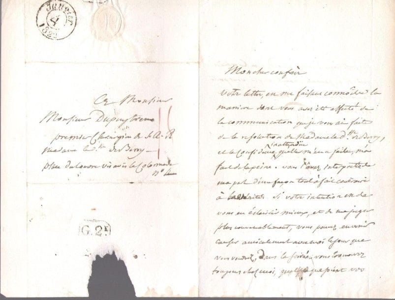 Jean-Noël HALLÉ (1754-1822) médecin, premier médecin ordinaire de Napoléon, il rédigea le Codex medicamentarius. L.A.S., 3 janvier [1822], à Guillaume Dupuytren, premier chirurgien de S.A.R. la duchesse de Berry; 1 page et demie in-8, adresse (portraits gravés joints). {CR}Il est peiné de «la manière dont vous avez été affecté de la communication que je vous ai faite de la résolution de Madame la Dsse de Berry, et la confidence inattendüe qu’elle m’en a faite [...] Vous l’avez interpretée de ma part d’une façon tout à fait contraire à la vérité. Si votre intention est de vous en éclaircir mieux, et de me juger plus convenablement, vous pouvez en venir causer amicalement avec moi»... Il lui porte «toujours la même affection et la même estime»...
