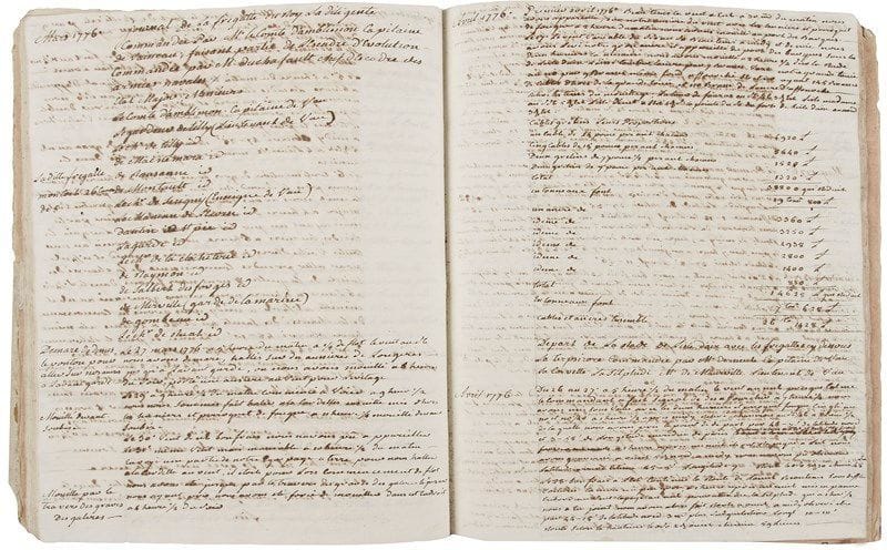 Armand le gardeur de tilly (1733-1812) vice-amiral. Manuscrit autographe, Journeaux des Campagnes fait depuis 1756…, 1756-1776; cahier petit in-4 de 174 pages remplies d’une écriture fine, couverture cartonnée (un peu usagée), plus 5 feuillets volants.{CR}Relation de ses campagnes navales, comprenant notamment celles de 1756 (Louisbourg, île de Cap-Breton) et 1767-1768 (Antilles). Le futur vice-amiral est enseigne de vaisseau sur l’Inflexible commandé par «M. de Tilly», son père, dans l’escadre d’observation de Conflans, en 1756; comme lieutenant de vaisseau (1763), il sert sur le Cerf-volant commandé par La Motte-Piquet (escadre d’évolution de d’Orvilliers) en 1772, et en 1776 sur la Diligente, commandée par d’Amblimont (escadre de Du Chaffault). Tout au long du document il note la composition des escadres, la position de son navire, les conditions météorologiques, les tirants d’eau, les variations, les mouillages, de petits incidents (prises d’un corsaire et d’une goélette chargée de morue, chasse donnée à un vaisseau de guerre anglais, petit combat devant Belle-Isle, etc.)... S’y trouvent aussi des pages consacrées à la côte de Cayenne, «la côte de Portorique» (décembre 1763), l’île Mogane (janvier 1864)... Précisions sur l’artillerie et les proportions des navires sur lesquels il a servi... On le suit des côtes méditerranéennes au Canada, en Amérique, aux Antilles, à Cayenne et au large de la Vendée, entre la Martinique et Rochefort, Brest, Cadix, Marseille, Gênes, Toulon, Malaga, Lagos... Sur les feuillets volants intercalés dans le volume, des observations sur la côte de Cayenne, quelques points de la tactique navale, une expérience aux Grandes Forges en 1777, etc.
