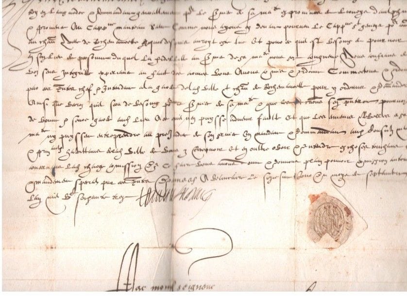 Henri Ier, duc de MONTMORENCY (1534-1614) maréchal de France et connétable, gouverneur du Languedoc. P.S., Beaucaire 16 septembre 1573; contresignée par Seigneuret; 1 page oblong in-fol., sceau aux armes sous papier (lég. fentes aux plis).{CR}Nomination du capitaine Saint-Geniès pour commander les château et ville de Rochemaurette, afin «que les ennemis et rebelles à Sa Maté ny puyssent entreprendre au prejudice de son service»...
