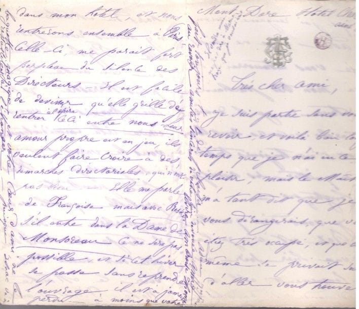 Elvire Remaury, Mme Ambroise Thomas (1827-1910) femme (1878) du compositeur. 13 L.A.S, 1886- 1887 et s.d., à l’éditeur musical Henri Heugel; 34 pages la plupart in-8 (cachets des archives Heugel). {CR}Correspondance musicale et amicale, souvent au nom de son mari. Outre diverses cantatrices, on relève les noms du librettiste Jules Barbier, de Léon Carvalho, Léo Delibes, etc. Mont Dore, au sujet de la cantatrice Marie Roze: «Elle m’a demandé si dans les anciennes choses du Maître il n’y aurait rien pour elle – Psyché la tenterait ou un autre rôle plus terrestre»… Vendredi matin. Elle prie Heugel d’envoyer rapidement le Trio de Françoise de Rimini à Mlle Isaac: «Il ne faut pas la froisser. Si ce n’est pas la femme rêvée, elle a un immense talent, auquel on commence à rendre justice à l’opéra»… Île Illiec: «Barbier pas signe de vie et pas de récitatifs. Le Maître s’en désole, il ne veut pas les lui réclamer, et m’a défendu de le faire, même en mon nom. Voyez, si vous pouvez en tirer quelque chose!»… Mardi [1887], sur un projet de reprise de Mignon à l’Opéra-Comique: «Je suis étonnée que Barbier n’ait eu aucune action sur cette reprise, dont j’ai entendu promettre des merveilles. Le Maître en a éprouvé un grand chagrin. Il comptait sur la réapparition de sa Mignon, abandonnée depuis quelques années, et la voilà encore sacrifiée à cause du moment inopportun que l’on a choisi. […] Mlle Simonnet qui sera une charmante Mignon avait encore besoin de travailler avec le Maître, et méritait mieux qu’une reprise pour ainsi dire clandestine, pour un rôle aussi important»… On joint une l.a.s. de Jules Barbier au sujet d’un rendez-vous de travail pour La Tempête (31 décembre 1888), que Mme Ambroise Thomas renvoie à Heugel.
