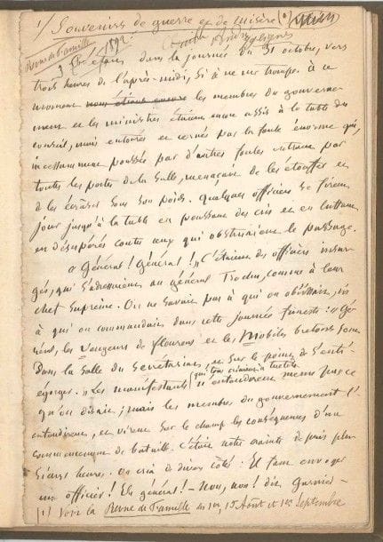 Jules SIMON (1814-1896) homme politique, ministre et écrivain. Manuscrit autographe signé, Souvenirs de guerre et de misère, [1892]; 17 pages in-8, montées sur onglets, rel. percaline brune.{CR}Quatrième épisode de Souvenirs parus en 1892 dans la Revue de Famille, fondée par Jules Simon et Louis Ulbach en 1888. Le manuscrit, qui a servi à l’impression, présente quelques corrections et additions. L’ancien membre du Gouvernement de la Défense nationale se remémore des incidents d’octobre 1870 qui l’ont éclairé sur les Bretons; il rend hommage à ce peuple héroïque et dévoué, fidèle à ses mœurs et à sa foi…

