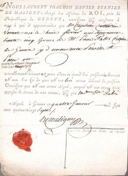 suisse. 15 lettres ou pièces, la plupart signées, XVIIe-XIXe siècle.{CR}Lettres pour l’office du Conseiller trésorier triennal des Cent Suisses (1634). P.S. par Louis-Hyacinthe de Cremilles pour l’admission d’un sergent des Gardes Suisses aux Invalides (1760). Authentification de signature par Vergennes, ambassadeur en Suisse (1787). Divers documents relatifs aux Régiments Suisses. Protêt à la réquisition d’un négociant à Bâle. Certificat de Laurent Joachim Xavier Bernier de Maligny, chargé des affaires du Roi près la République de Genève (1787). Diplôme de l’Allgemeine Geschichtforschende Gesellschaft der Schweiz (1851). Affichettes des Villes de Bern et de Lucerne. Documents signés par Baconnière de Salverte, Lescure, Simon Nicolas évêque de Bâle (1774), etc. Brochure: Un coin de la Suisse Normande. Ménil-Hubert par un Passant (1893).
