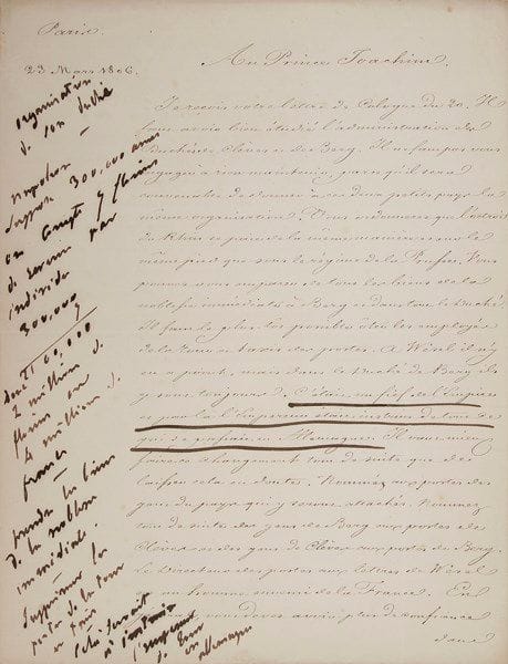 Adolphe THIERS (1797-1877) homme d’État, historien, Président de la République. 3 documents avec notes autographes; 7 pages in-4.{CR}Préparation de son Histoire du Consulat et de l’Empire (1845-1862). Copies de lettres de Napoléon, portant en marge des annotations de Thiers qui en résume le contenu ou les commente. Lettre à l’amiral Villeneuve au sujet de la jonction entre sa flotte et celle du capitaine Lallemand (Boulogne 13 août 1805): «félicitations – instructions – admirables paroles». «Curieuse lettre» au général Lauriston à propos de la situation en Martinique (Boulogne 14 août 1805). Lettre au Prince Joachim Murat au sujet de l’organisation des grands duchés de Clèves et de Berg (Paris 23 mars 1806): «organisation de son duché […] prendre les biens de la noblesse immédiate. Supprimer les postes de la Tour et Taxis. Cela servait à instruire l’Empereur de tout en Allemagne».
On joint 2 L.A.S. de l’amiral Frédéric Chasseriau (1843-1846), au sujet du capitaine Magendie, l’amiral Villeneuve et Trafalgar.
