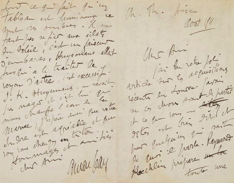 Edmond AMAN-JEAN (1860-1935) peintre. 26 L.A.S., 1907-1913, au critique d’art Achille Segard; environ 51pages in-8 (mouillures). {CR}Correspondance artistique et amicale. Aman-Jean évoque le portrait de Germaine Besnard que souhaite acquérir Segard (1908), le portrait de Mme Segard pour lequel elle pose, sa collaboration avec la revue Femina qui prépare un numéro consacré aux femmes peintres. Il remercie Segard de ses articles et le félicite pour ses ouvrages, notamment sur la Sicile: «Toute l’étude sur certains peintres était particulièrement bien venue, le jugement heureux et d’une tout à fait jolie forme. D’ailleurs les pages sur la Sicile, sur la Beauté Grecque, et ce qui se dégage des pages; cette sorte de parfum de splendeur antique avec un peu d’obsession de modernisme, tout cela est d’homme qui pense et d’artiste qui écrit» (avril 1910). Il demande quelques mots pour mettre au début d’un catalogue (mai 1911); il félicite Segard de son article sur les acquisitions récentes du Louvre, et évoque Jules Maciet, le grand collectionneur et donateur qui vient de mourir: « Je comprends que vous soyez tenté de faire un collectionneur de notre temps, égal à Sauvageot ou à du Sommerard, incomparable pour ce qui fut de sa générosité, de son goût, et de son indépendance d’esprit en matière d’Art» (août 1911)… Il évoque aussi son propre travail… On joint une lettre de Mme Aman-Jean.
