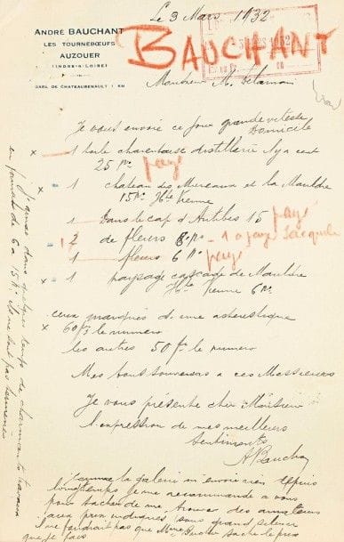 André BAUCHANT (1873-1958). 7 L.A.S., Auzouer (Indre-et-Loire) 1932-1938, [à Maurice Delamain, des éditions Stock]; 9 pages format divers, 5 lettres à son en-tête (marques au crayon rouge).{CR}Belle correspondance du peintre naïf à un collectionneur. 3 mars 1932. Il lui envoie 7 toiles, dont il dresse la liste (1 toile charentaise distillerie, 1 château des Mureaux et la Mauldre, Cap d’Antibes, fleurs, etc.) avec les prix: «Comme la galerie n’envoie rien depuis longtemps je me recommande à vous pour tâcher de me trouver des amateurs aux prix indiqués (sous grand silence il ne faudrait pas que Mme Bucher sache le prix que je fais)». Il est en train de travailler à de «charmants travaux», bientôt terminés… 11 mars, il désire savoir si les toiles sont bien arrivées, en bonne condition, et demande son appréciation… 14 mars, envoi de 6 nouvelles toiles: Paysage, Rencontre, Au bord de la mer, Chasseur de chamois, Scène champêtre, etc. Il annonce «que j’ai été désigné pour concourir au Grand prix Goncourt. J’ai accepté. Donc je travaille à 3 grandes toiles»… 18 mars. Il remercie d’un chèque, et prie de présenter ses respects à Jarnac… Il expose bientôt «3 toiles au musée d’Amsterdam et pense avoir à présenter pour le prix Goncourt 3 bonnes toiles»… 5 avril. Ses trois toiles sont bientôt terminées: «c’est un travail dur que j’ai entrepris, et je pense arriver à sortir quelque chose sans précédent»… 22 mai 1934. Il lui envoie 7 petites toiles, à 150F en moyenne chaque, pour qu’il fasse son choix… 28 décembre 1938. Il vient à Paris pour faire partir sa tapisserie «au Havre et San Francisco où elle sera exposée. Je retirerai la Chouette de la galerie afin qu’elle me serve à différentes expositions». Cette toile est très demandée, mais il craint de ne pouvoir «renouveler un tel effort», et préfère la réserver pour Jacques Delamain, qui s’y intéressera sûrement: «Je sais que je n’ai pas fait plaisir à plusieurs marchands de tableaux […] en disant qu’elle n’était pas à vendre». I