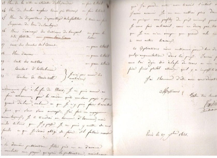 GRAVEURS. 14 lettres ou pièces, la plupart L.A.S., 1766-1834.{CR}Alexis Chataignier (1807, à M. de Solemont, à propos de la planche qu’il lui a confiée pour gravure), Michel-François Damame-Démartrais (1819, au sujet de ses Vues des principales villes de Russie, avec un prospectus de souscription), Nicolas Delahaye (1766, mémoire explicatif de gravures militaires), Auguste Delvaux (1822, 2 reçus pour ses travaux pour Treuttel & Wurtz), François Pigeot (1821, au dessinateur La Guiche qui souhaite faire graver une planche), Ambroise Tardieu (4, 1821-1830, aux libraires Treuttel & Wurtz à propos des planches d’un atlas et de la livraison prochaine de l’ouvrage du général Dumas, de l’achèvement du Précis des événements militaires, reçu de paiement, etc.); plus une l.a.s. de Tardieu l’aîné, 2 d’Antoine-François Tardieu, une par Pierre-Antoine Tardieu. 
