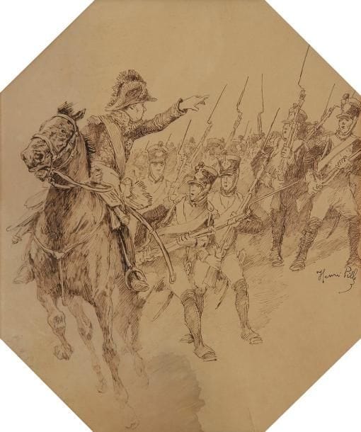 Henri PILLE (1844-1897)

 «Charge de fantassins sous le Premier Empire.»
Dessin à la plume signé en bas à droite.
26 x 21 cm
Sous verre. Cadre en bois