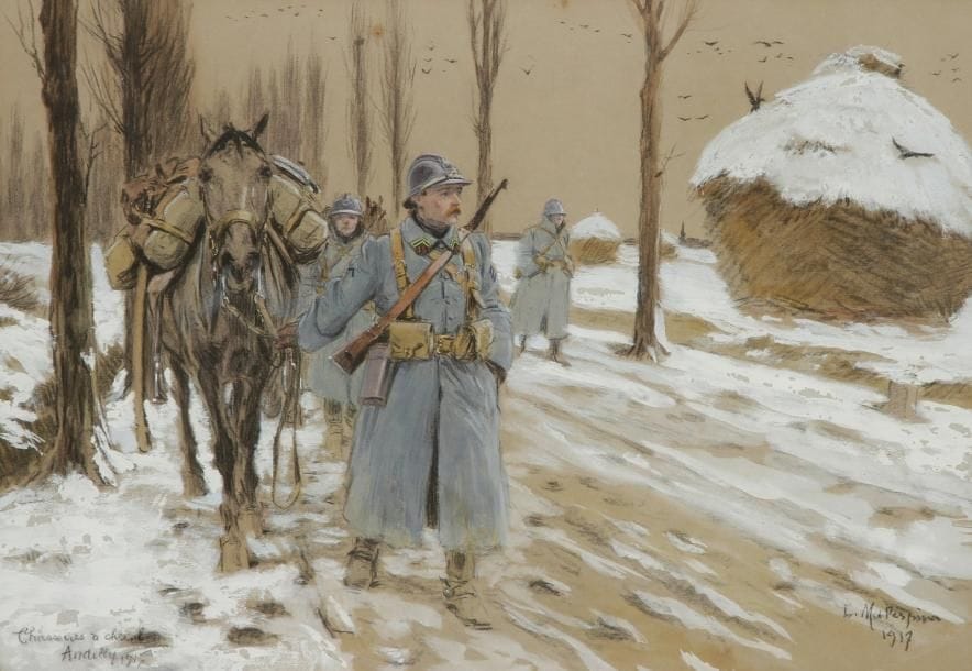 Louis-Ferdinand MALESPINA (1874-1940)

«Soldats du 13e chasseurs à cheval et leurs montures. 1917.»
Dessin au fusain rehaussé de pastel et gouache signé et daté en bas à droite.
39 x 56 cm
(Petits manques).
Sous verre. Cadre doré