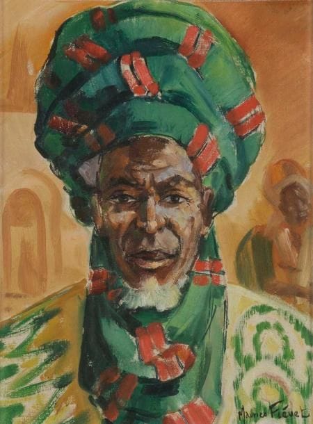 Maurice FIEVET (XIX-XXe siècle)
Portrait d'homme au turban vert Huile sur isorel. Signée en bas à droite. 47 x 35 cm