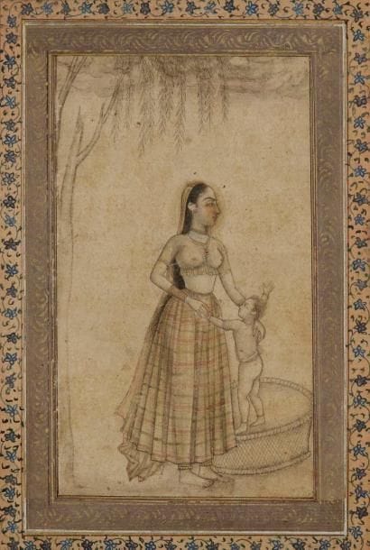 Femme à l'enfant, Inde moghole, XVIIIe siècle Dessin rehaussé d'aquarelle, collé sur page d'album, à plusieurs encadrements de rinceaux dorés et de fleurettes et marge cachée à cartouches garnis de rosettes sur un fond vieux rose. Sous un saule, une femme tient par la main un enfant debout sur un panier. Dim. avec cadre: 31,5 x 23 cm État: restaurations. Provenance: " Collection de miniatures indiennes et persanes de M. Roger Van Moppes ", Pierre Berger associés, Paris, Drouot-Richelieu, 15 et 16 octobre 2005, n° 64. A woman with a child, Inde, Mughal, 18th century