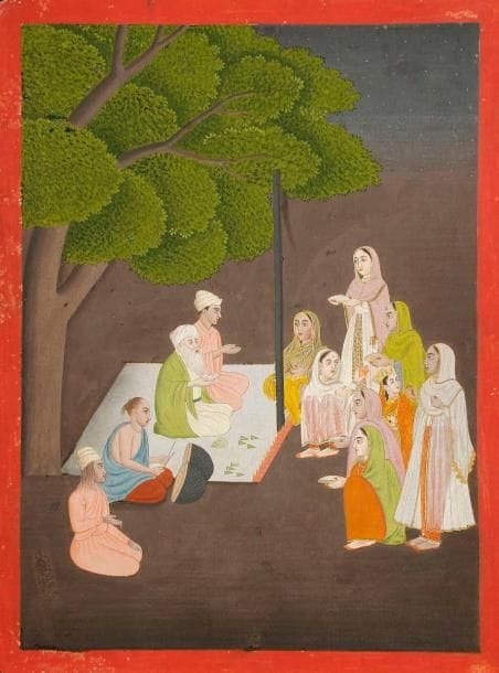 Festival religieux en l'honneur du saint Shah Madar, Inde, style moghol, XIXe siècle Gouache sur page d'album aux marges rouges. Scène religieuse nocturne représentant un prince un ascète et un musicien assis sous un arbre rendant hommage à Baha al-din shah Majar devant un'Alem. En face, une groupe de femmes offrant des guirlandes fleuries et différents mets. Dim. page: 18,5 x 25 cm A religious festival in honor of the Saint Shah Madar, India, Mughal style, 19th century